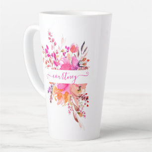 Bright pink watercolor floral personalised latte mug