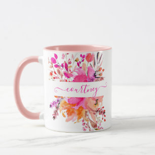 Bright pink watercolor floral personalised mug