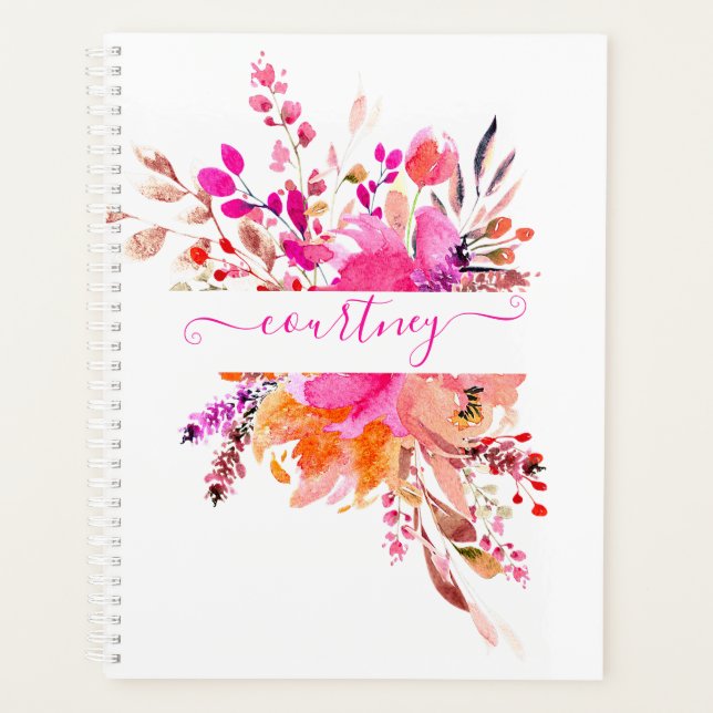 Bright pink watercolor floral personalised   planner (Front)