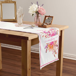 Bright pink watercolor floral personalised short table runner