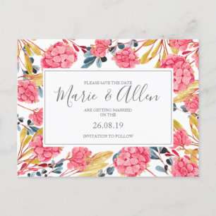 Bright Pink Watercolor Floral Save the Date Invitation Postcard