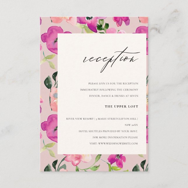 Bright Pink Watercolor Floral Wedding Reception Enclosure Card (Front)