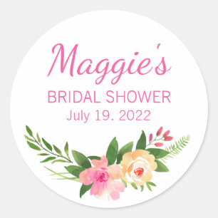 Bright Pink Watercolor Flowers Bridal Shower Classic Round Sticker