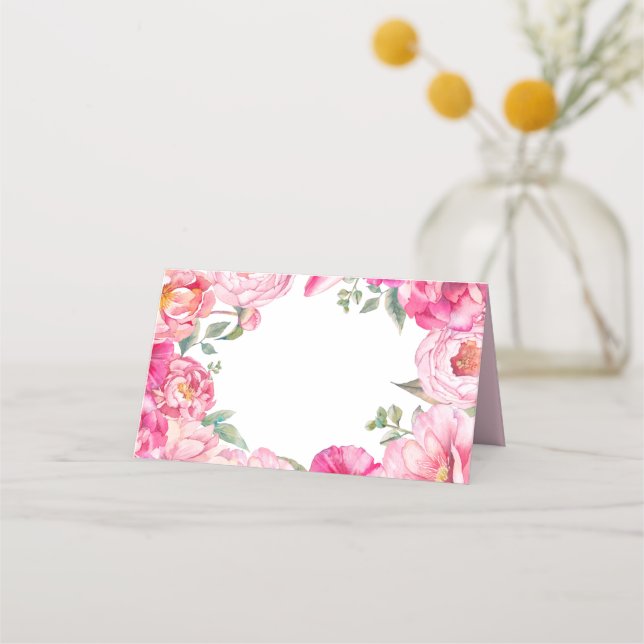 Bright Pink Watercolor Peonies Floral Wedding Place Card (Front)
