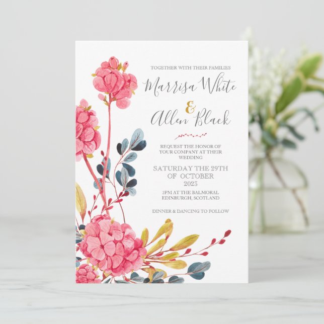 Bright Pink Watercolour Floral  Invitation (Standing Front)
