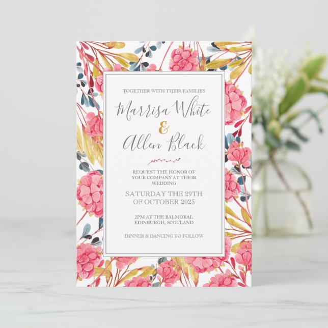 Bright Pink Watercolour Floral Pattern Invitation (Standing Front)