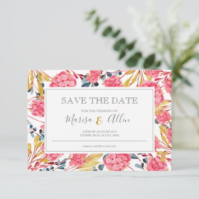 Bright Pink Watercolour Floral Pattern Save The Date (Standing Front)