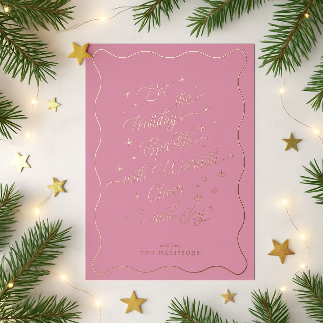 Bright Pink Wavy Border Sparkle  Holiday card (Creator Uploaded)