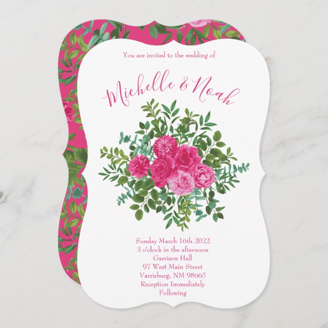 Bright Pink Wedding Roses Floral Modern Invitation (Front/Back)