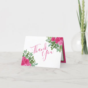 Bright Pink Wedding Roses Floral Modern Thank You Card