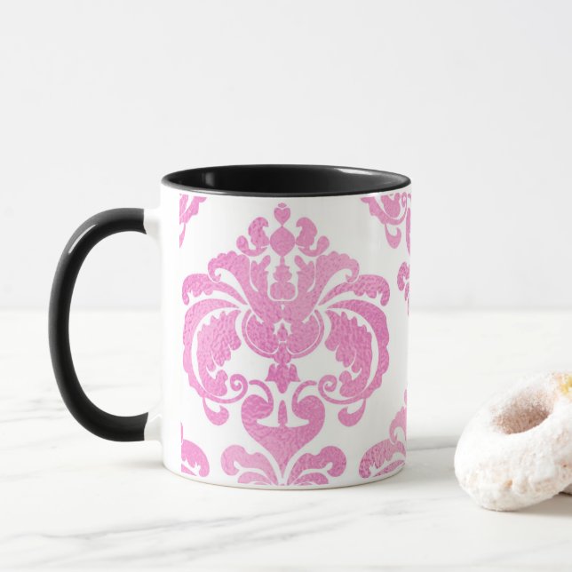 Bright Pink & White Elegant Chic Damask Pattern Mug (With Donut)