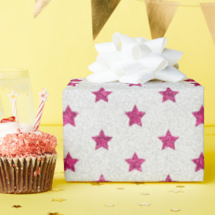 Bright Pink & White Faux-Glitter Star Pattern Wrapping Paper