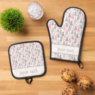 Bright Pink White Gray Cats and Kittens Pattern Oven Mitt & Pot Holder Set