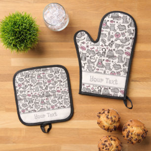Bright Pink White Gray Cats and Kittens Pattern Oven Mitt & Pot Holder Set