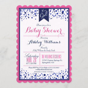 Bright Pink, White, & Navy Blue Baby Shower Invitation