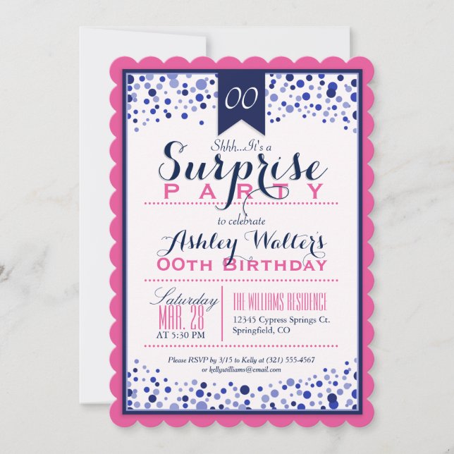 Bright Pink, White, Navy Blue Surprise Party Invitation (Front)