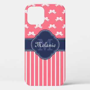 Bright Pink Wht Ribbon Pattern Navy Monogram iPhone 12 Case