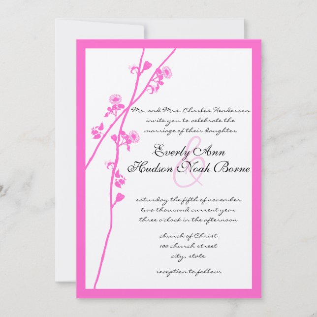 Bright Pink Wild Flower Branch Wedding Invitation (Front)