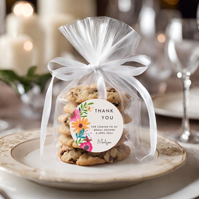 Bright Pink Wildflower Bridal Shower Thank You Classic Round Sticker (Bright Pink Wildflower Bridal Shower Thank You Classic Round Sticker)