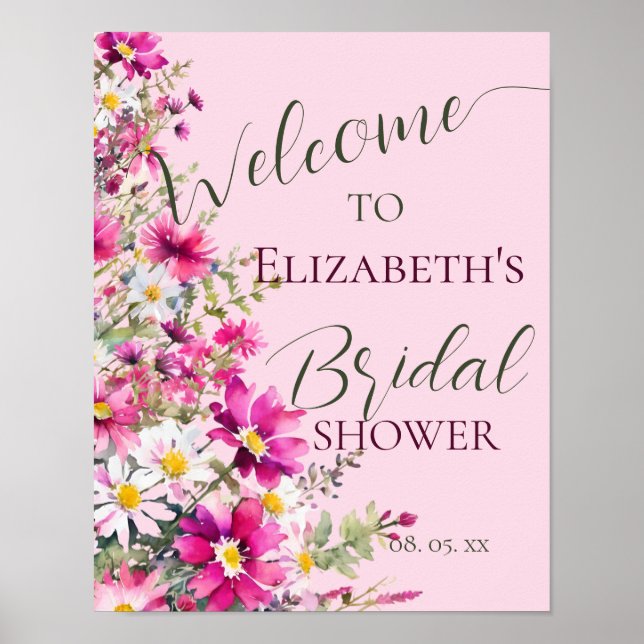Bright Pink Wildflowers Floral Script Welcome Sign (Front)