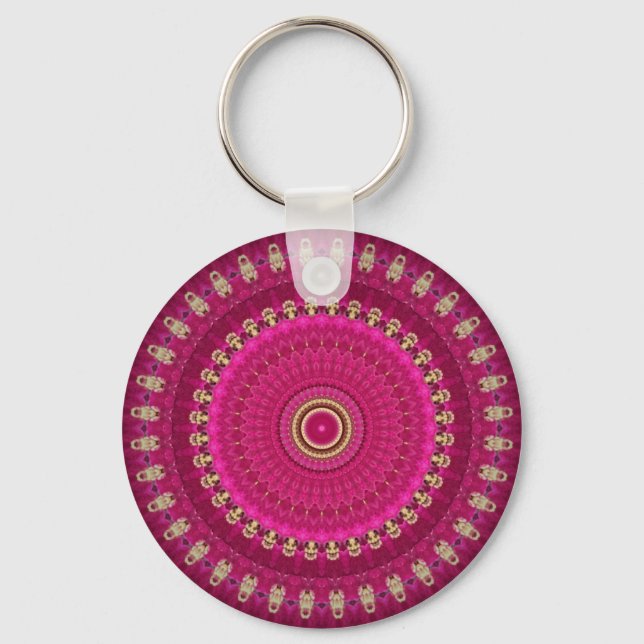 Bright Pink with Yellow Mandala Design Key Ring (Front)