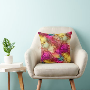 Bright Pink Yellow and Teal Fluid Marble Cushion