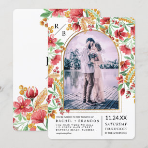 Bright Pink Yellow Floral Arch Photo Wedding Invitation