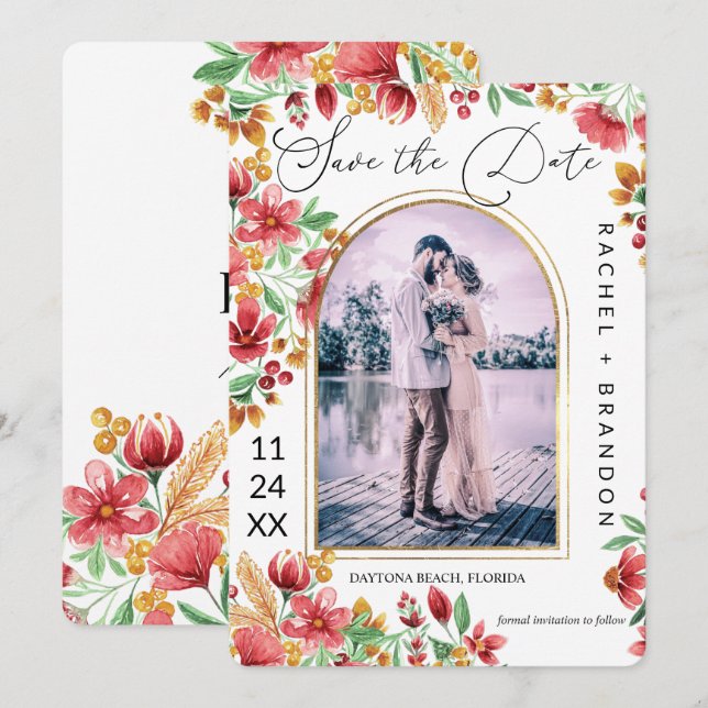 Bright Pink Yellow Floral Arch Photo Wedding Save The Date (Front/Back)