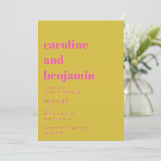 Bright Pink Yellow Simple Bold Modern Wedding Invitation (Standing Front)