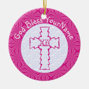 Bright Pink Zig Zag Cross on White and Hot Pink Ceramic Tree Decoration