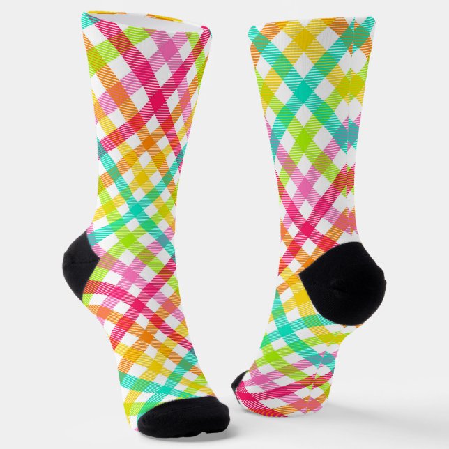 Bright Plaid Gingham Pattern Socks (Angled)