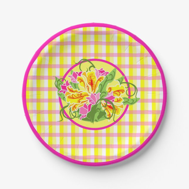 Bright Plaid & Tulip Plate (Front)
