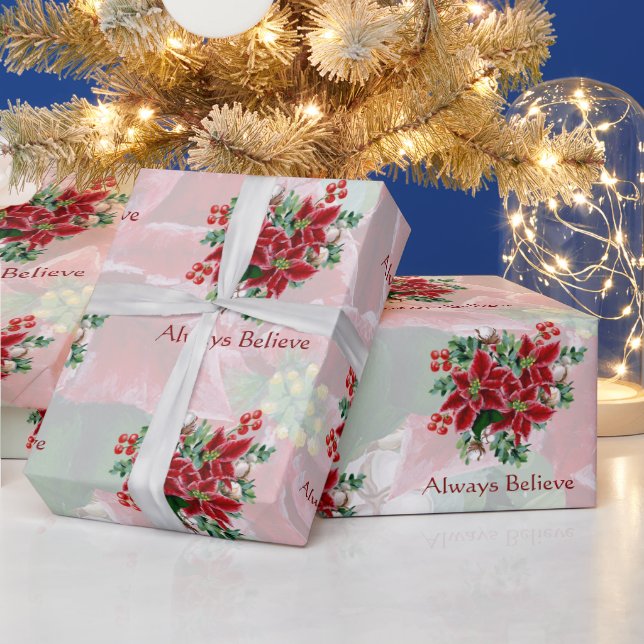 Bright poinsettias and holly custom Christmas  Wrapping Paper (Holidays)