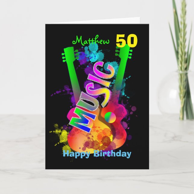 Bright Popping Guitar Music Themed Happy Birthday Card (Front)