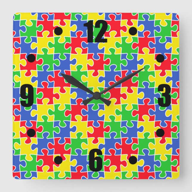 Bright Primary Colours Jigsaw Puzzle Pieces Square Wall Clock (Front)