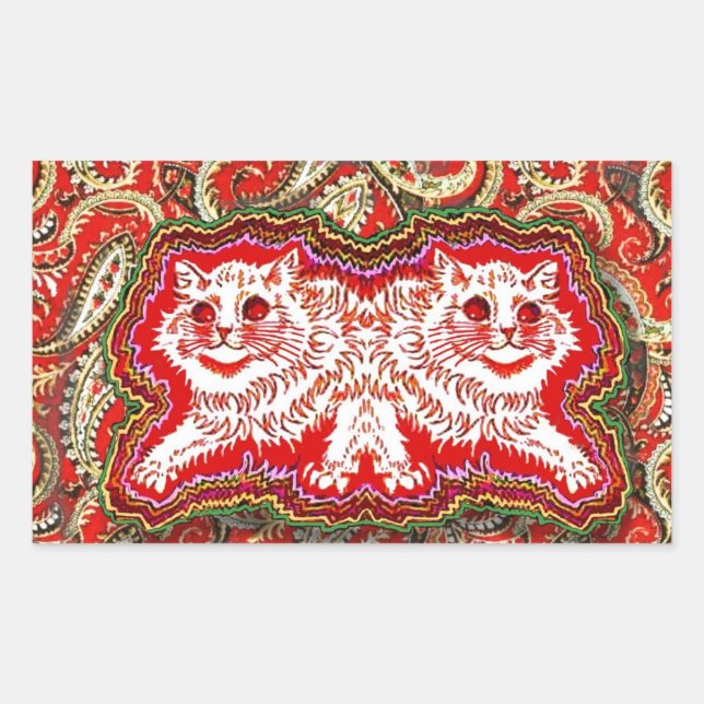 Bright Psychedelic Red Cats (by Louis Wain) Rectangular Sticker (Front)