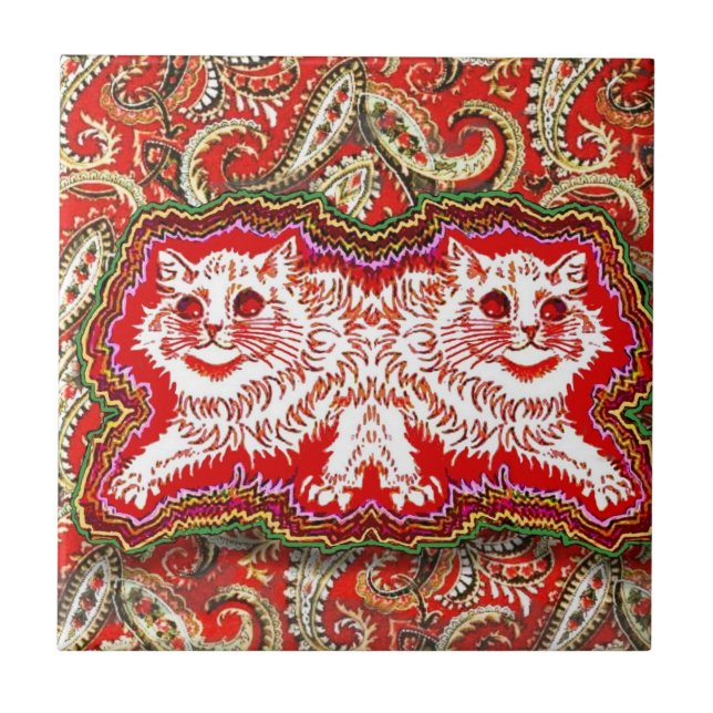 Bright Psychedelic Red Cats (by Louis Wain) Tile (Front)