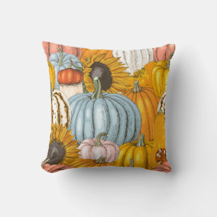 Bright pumpkins, sunflowers, hand-drawn pattern. cushion