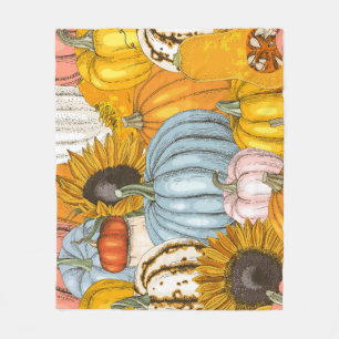 Bright pumpkins, sunflowers, hand-drawn pattern. fleece blanket