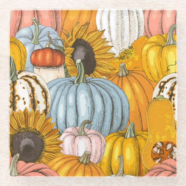 Bright pumpkins, sunflowers, hand-drawn pattern. glass coaster (Front)