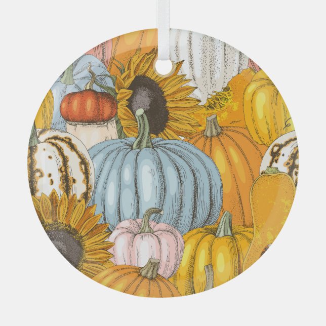 Bright pumpkins, sunflowers, hand-drawn pattern. glass tree decoration (Front)