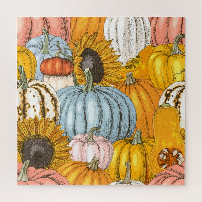 Bright pumpkins, sunflowers, hand-drawn pattern. jigsaw puzzle (Vertical)