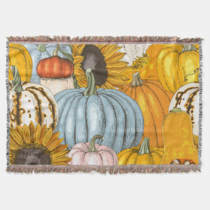 Bright pumpkins, sunflowers, hand-drawn pattern. throw blanket