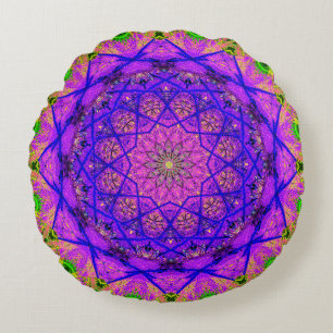 Bright Purple and Green Mandala Round Cushion