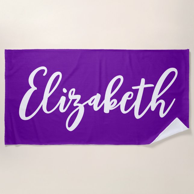 Bright Purple and White Lettering Script Beach Towel (Front)