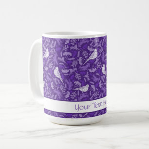 Bright Purple and Winter White Bird Floral Pattern Coffee Mug