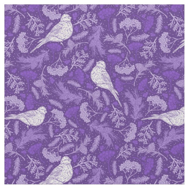 Bright Purple and Winter White Bird Floral Pattern Fabric (Close Up)