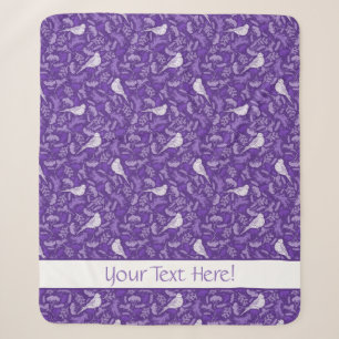 Bright Purple and Winter White Bird Floral Pattern Sherpa Blanket