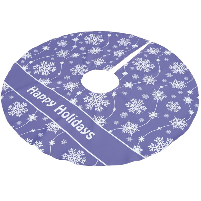 Bright Purple and Winter White Snowflake Monogram Brushed Polyester Tree Skirt (Angled)