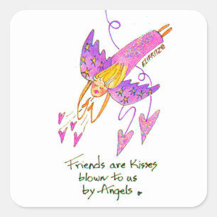 Bright purple angel brings friends as kisses square sticker